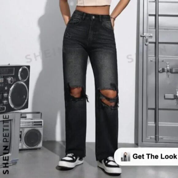 Shein Women's Jeans Black Distressed High Rise Size Small Tall - Picture 3 of 11